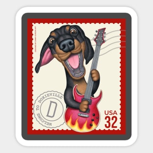 Cute Doxie playing guitar on vintage postage stamp Sticker